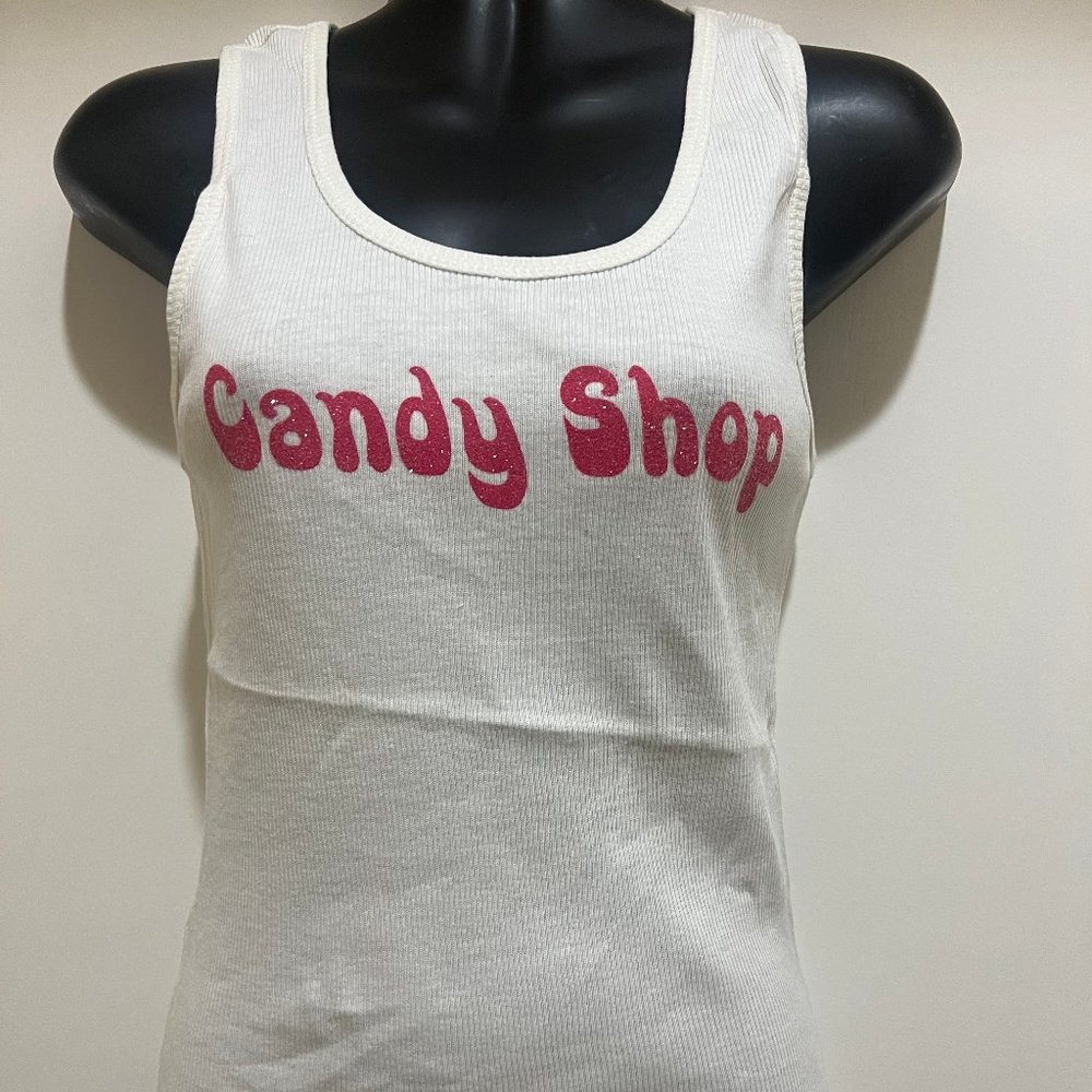 Women Tank Top "Candy Shop" - White color Wife beater Top - New